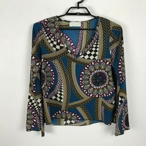 Tilly Anne Vintage Shirt Size M Geometric Multicolor Disco Long Bell Sleeves